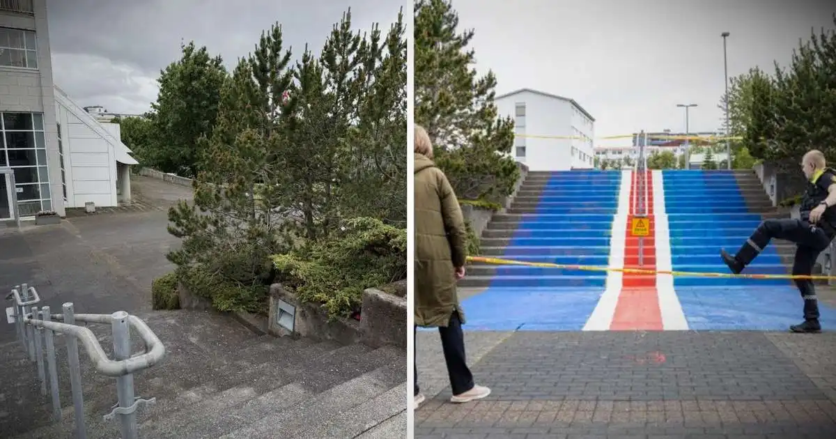Búið að hreinsa málningu af tröppunum við Grafarvogskirkju