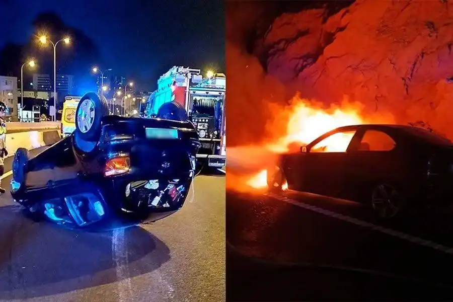 Car bursts into flames on the TF-1 motorway in Tenerife during busy night for firefighters