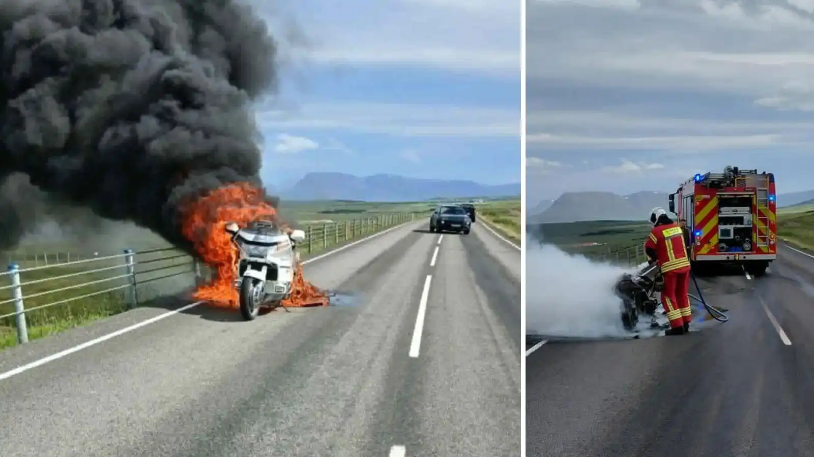 Fór af hjólinu skömmu áður en það brann til kaldra kola á þjóð­veginum - Vísir