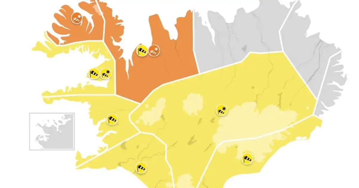 Gular og appelsínugular viðvaranir á miðvikudag og fram á fimmtudagsmorgun