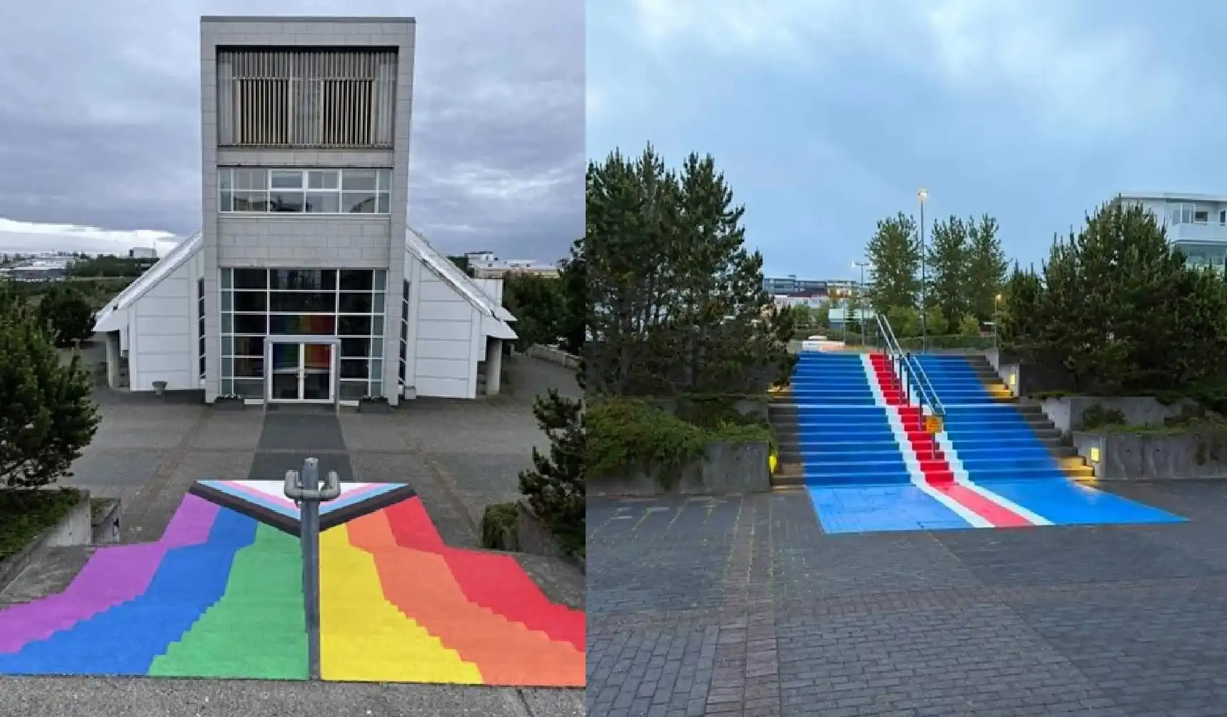 Íslenski fáninn málaður yfir inngildandi framfarafánann við Grafarvogskirkju