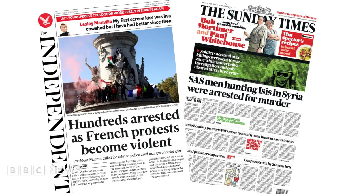 Newspaper headlines: 'French protests become violent' and SAS men 'arrested for murder'
